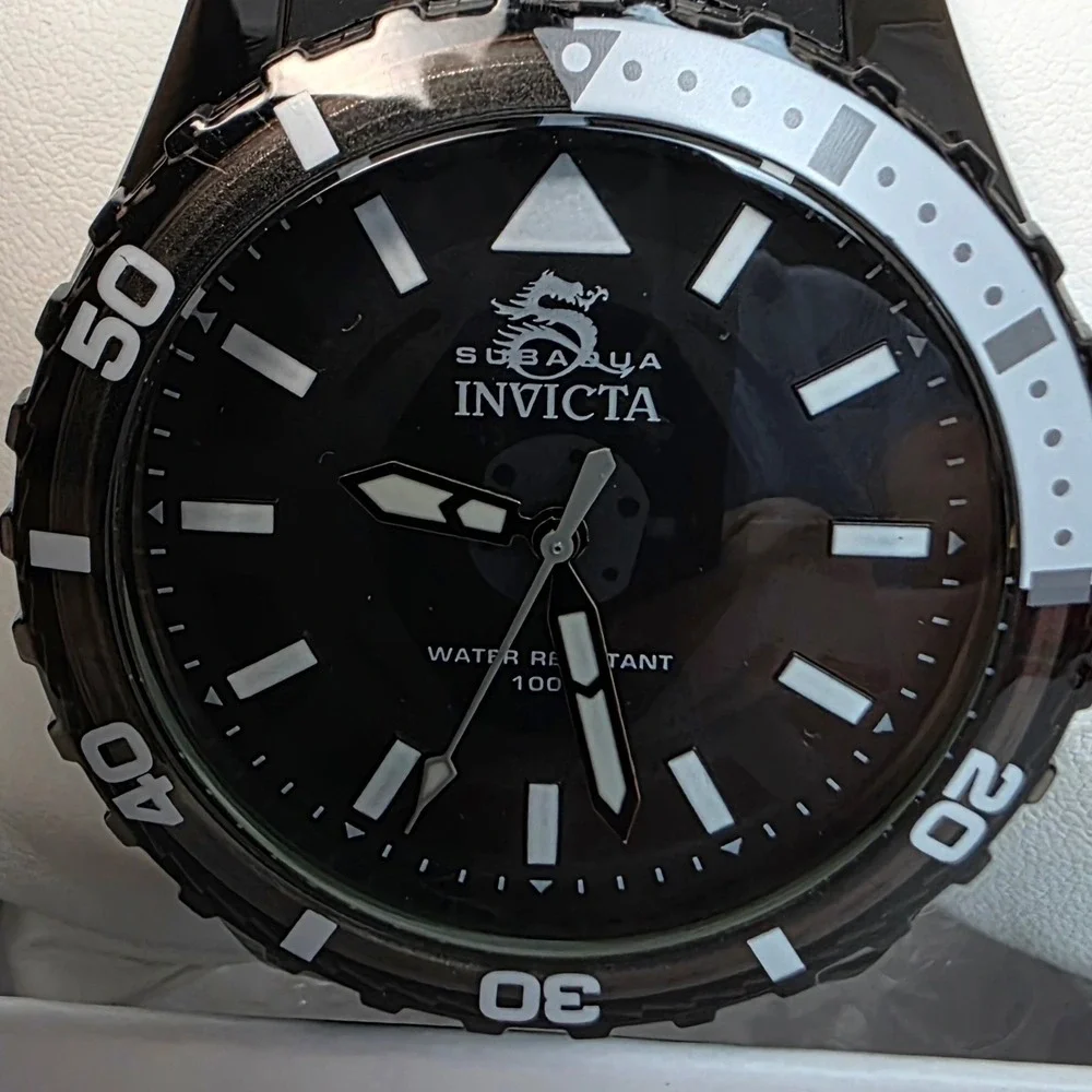 Invicta Subaqua 69447 Mens Watch Black Acrylic 44mm Case Silicone Strap 100M